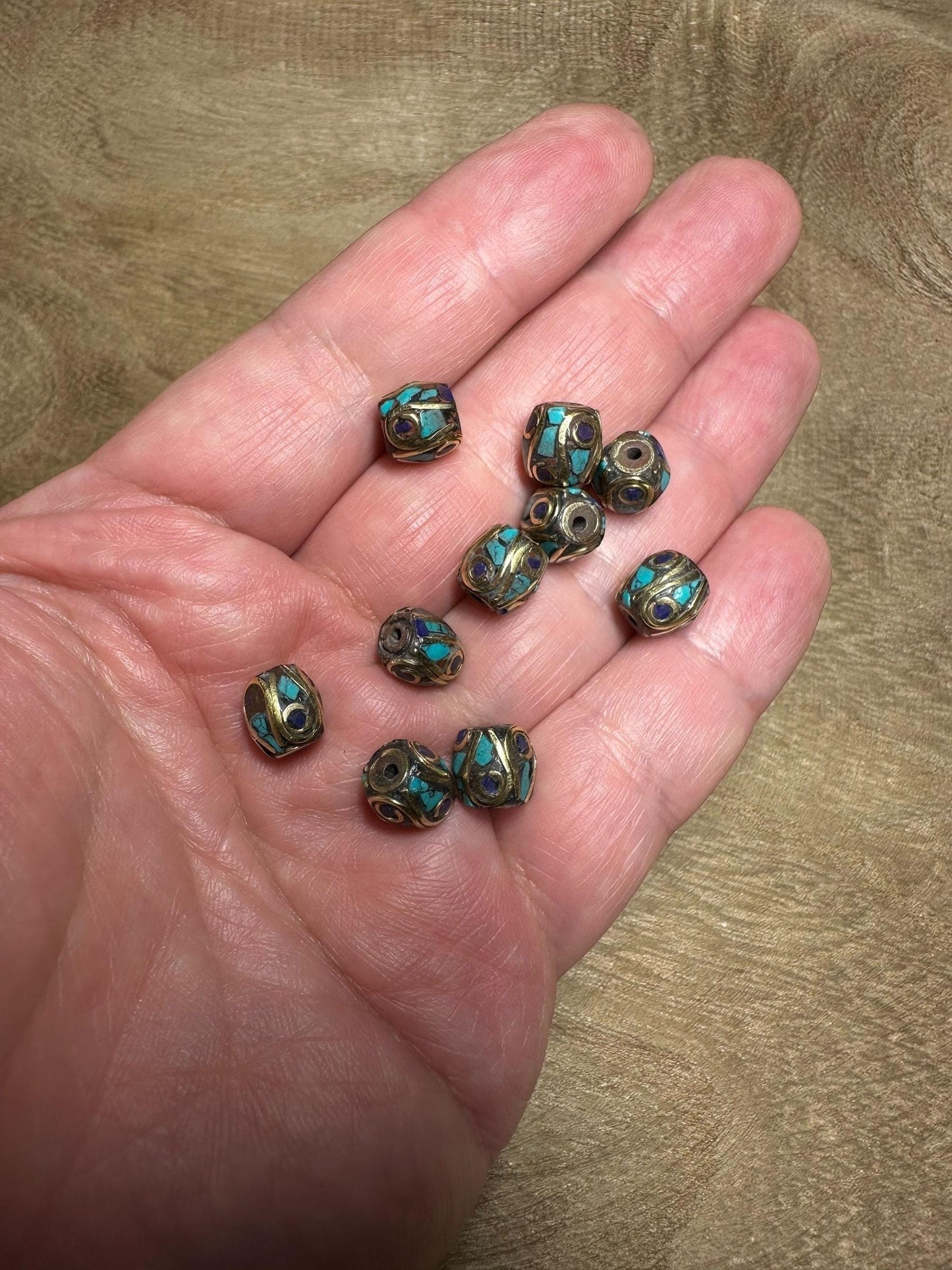 Lapis & Turquoise Inlaid Brass Beads: Nepal Ethnic Jewelry Making