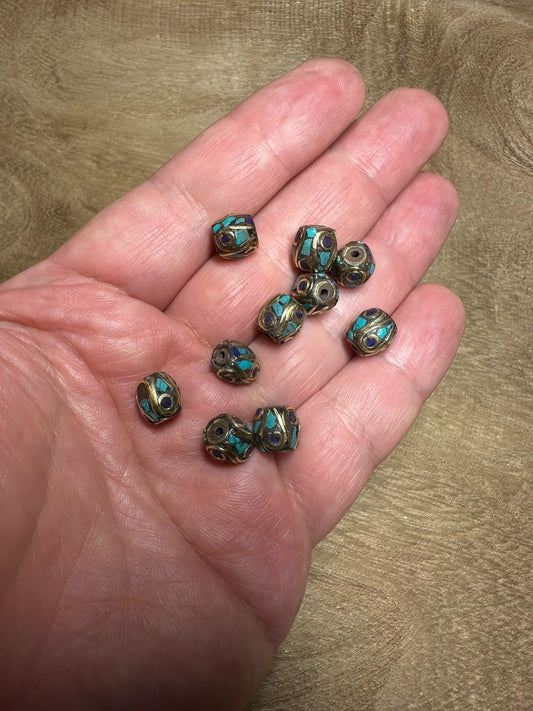 Lapis & Turquoise Inlaid Brass Beads: Nepal Ethnic Jewelry Making