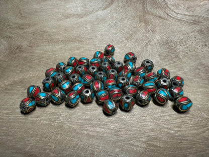 Nepal Beads, Turquoise Coral Inlaid With brass for Jewellery making