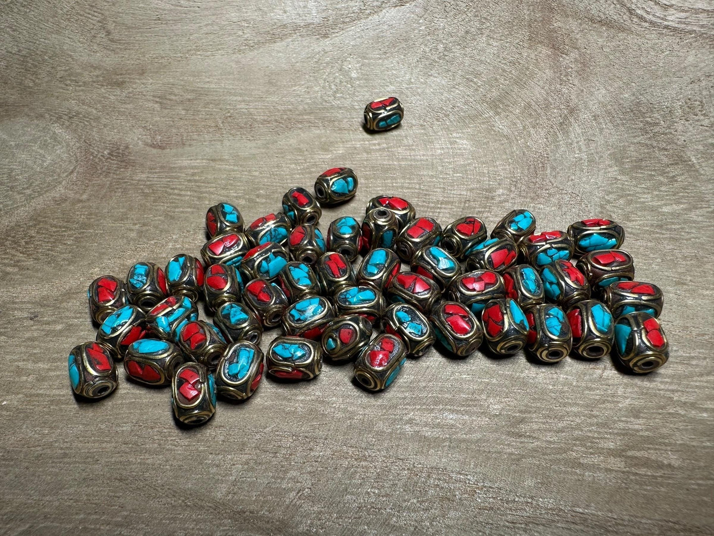 Tibetan beads handmade turquoise inlay beads round brass Nepali for Jewellery making,5 pieces