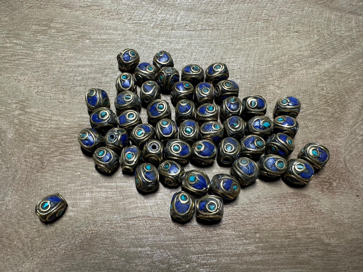 Tibetan Tribal Lapis and Turquoise Inlaid Beads, Nepal Beads Handcrafted for Jewellery making