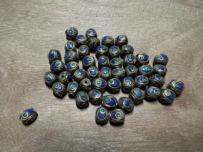 Tibetan Tribal Lapis and Turquoise Inlaid Beads, Nepal Beads Handcrafted for Jewellery making