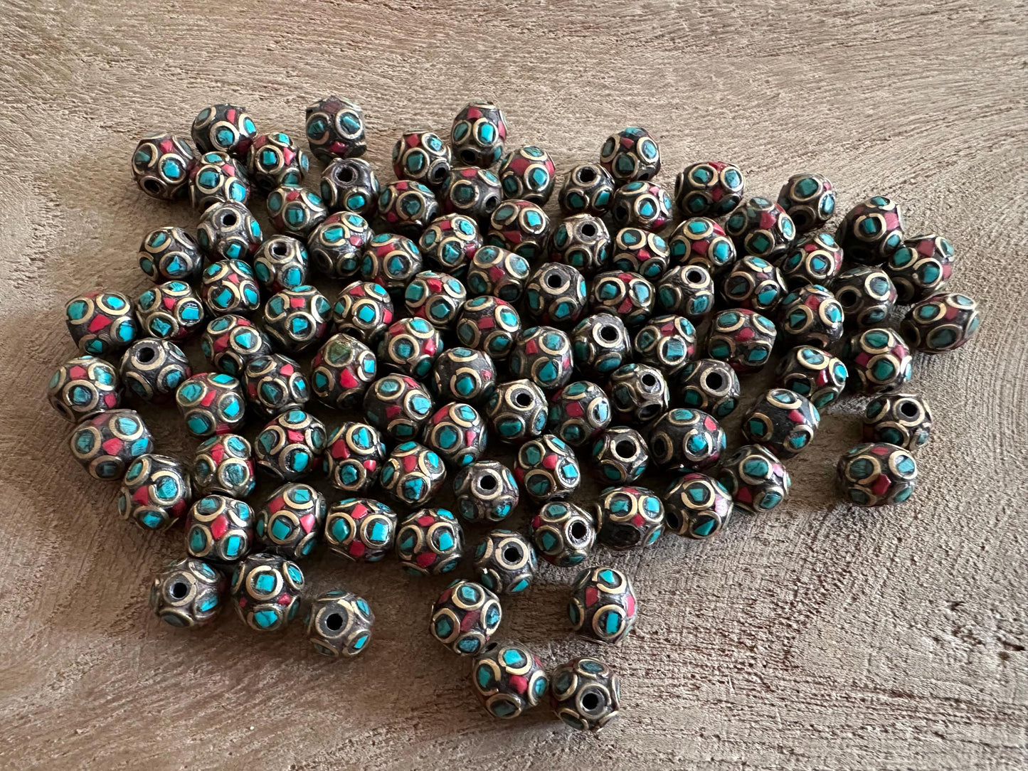 Turquoise Coral Brass Nepal Beads: Tribal Jewelry Making (7mm)