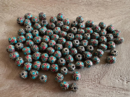 Turquoise Coral Brass Nepal Beads: Tribal Jewelry Making (7mm)