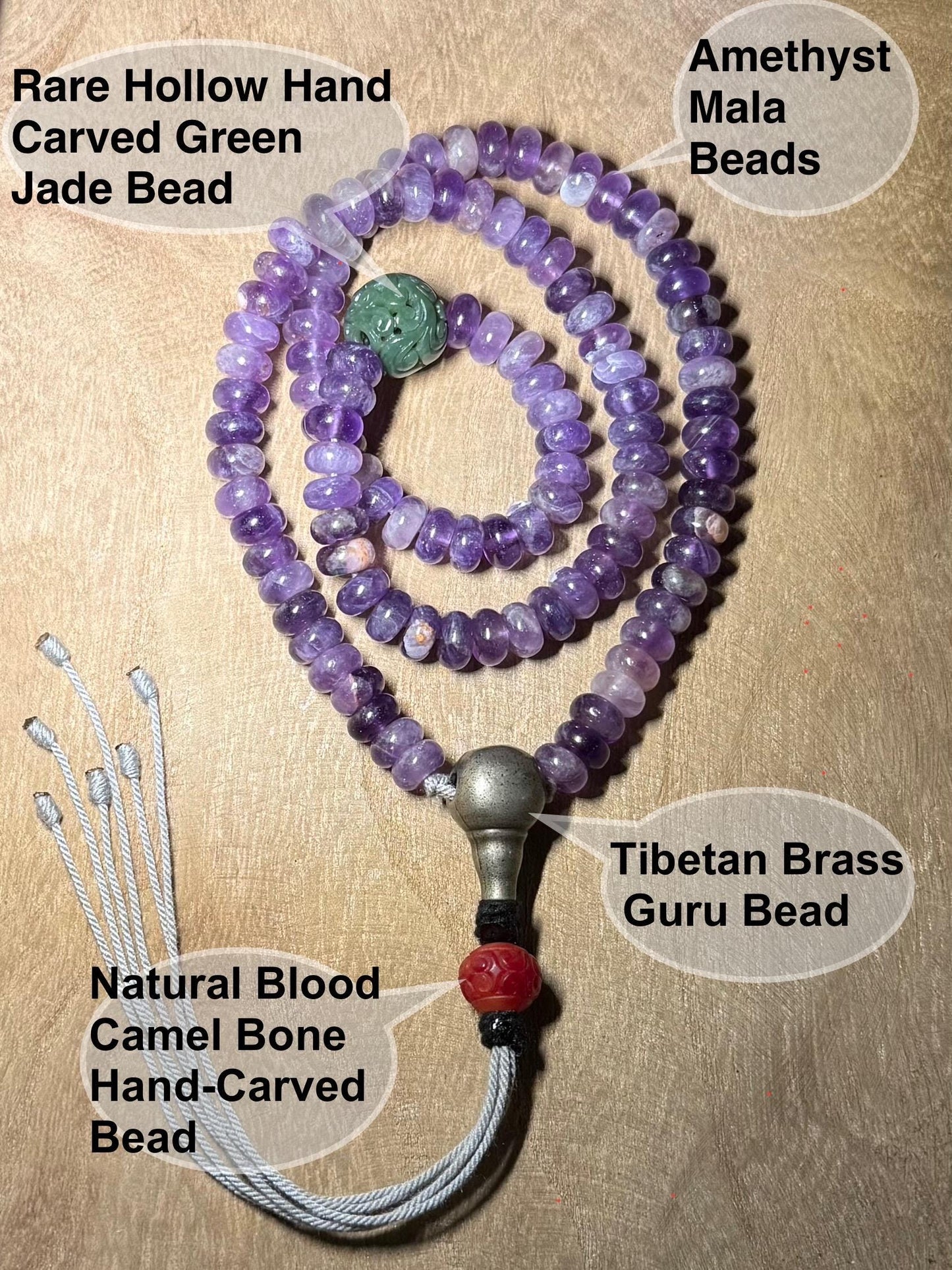 Nepal Tibetan Amethyst Mala with Vintage Hand-Carved Green Jade Bead