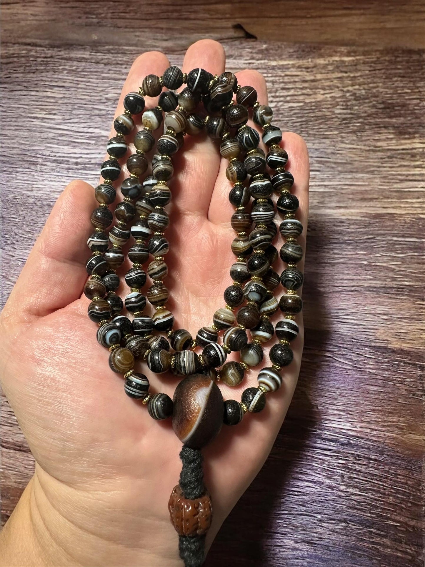 Handmade Tibetan Agate Mala Necklace: 8mm Buddha Beads, Chuang Agate