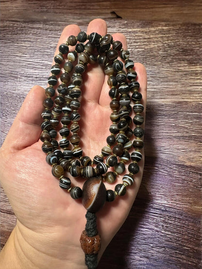 Handmade Tibetan Agate Mala Necklace: 8mm Buddha Beads, Chuang Agate