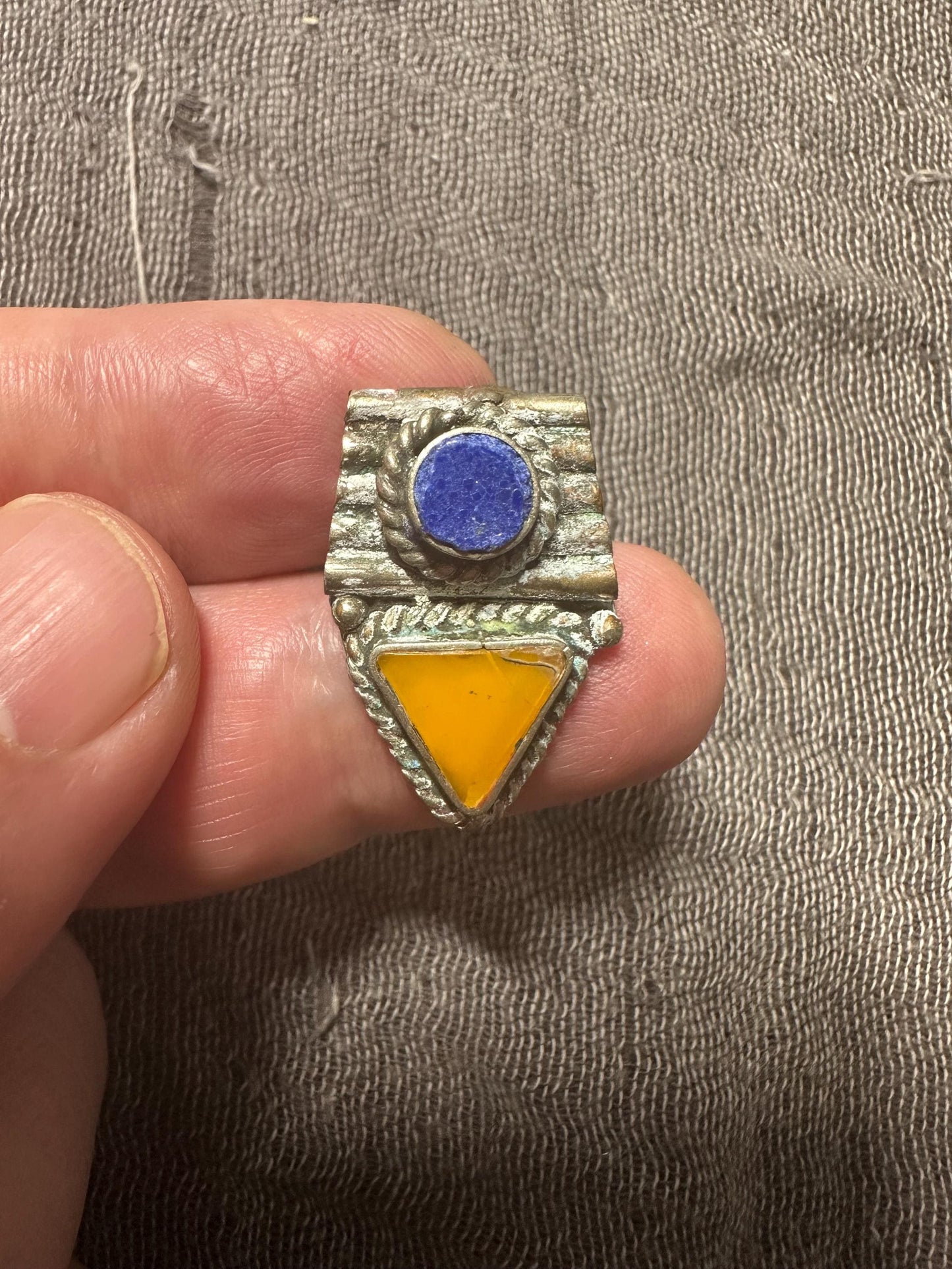 Handmade Tribal Pendant with Lapis Lazuli and Amber Inlay | Boho Ethnic Necklace Component