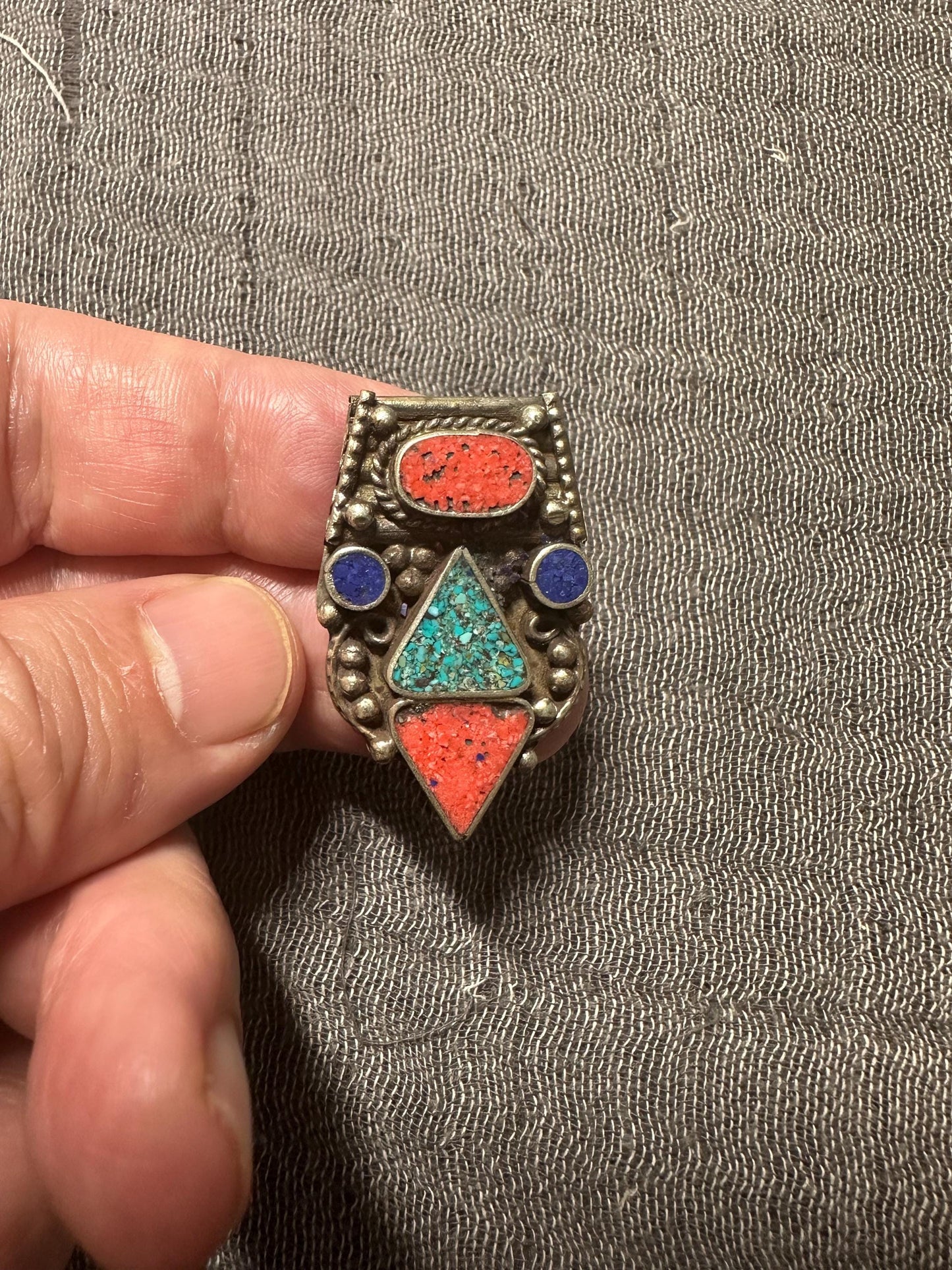 Himalayan White Metal Pendant with Turquoise and Coral Inlay | Tribal Ethnic Jewelry Component