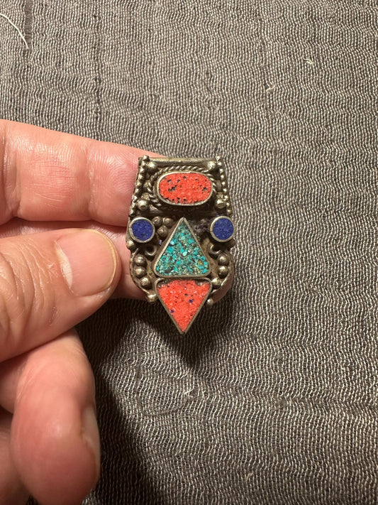 Himalayan White Metal Pendant with Turquoise and Coral Inlay | Tribal Ethnic Jewelry Component