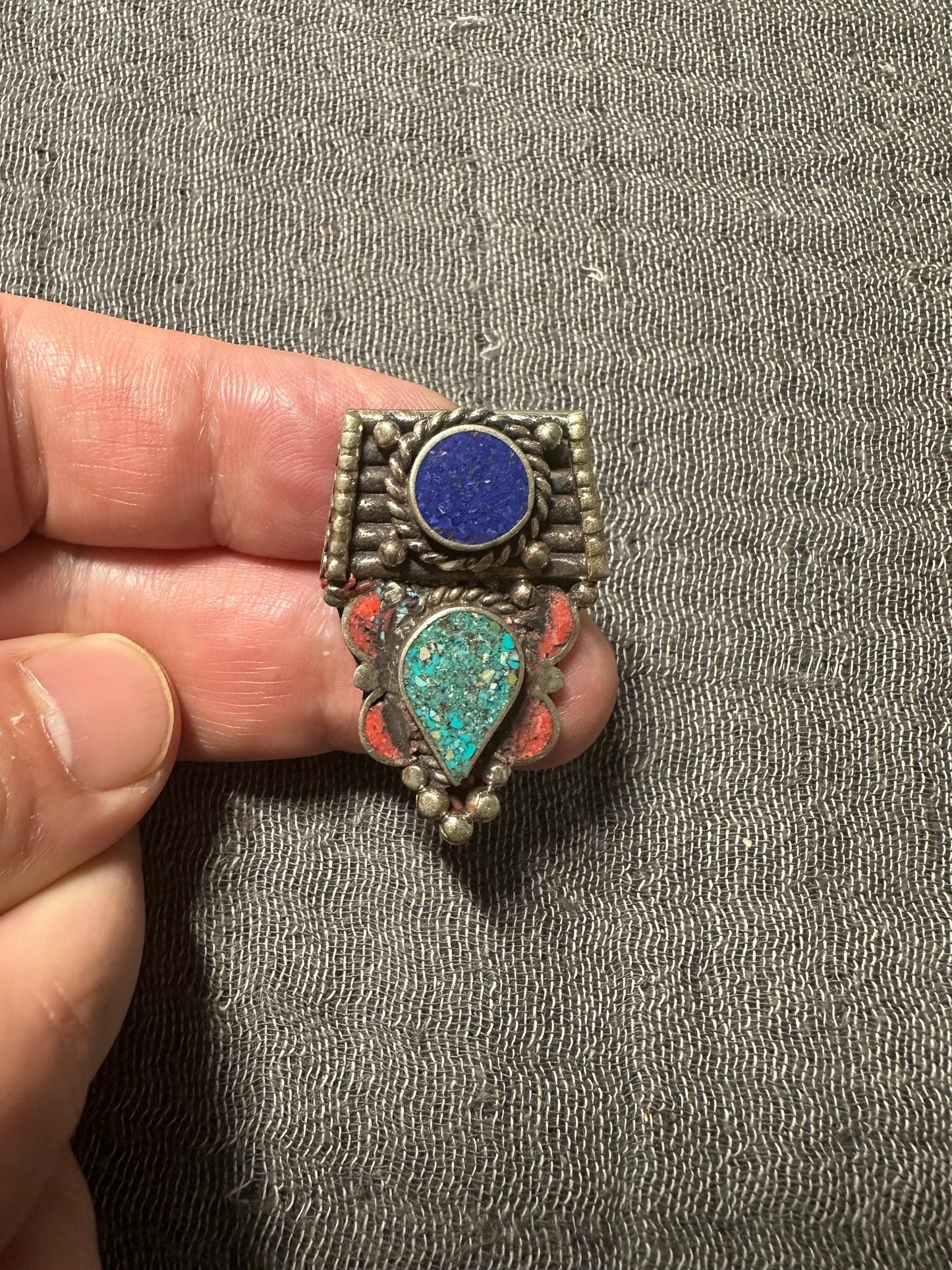 Himalayan White Metal Pendant with Lapis Lazuli，Turquoise and Coral Inlay | Tribal Ethnic Jewelry Component