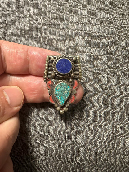 Himalayan White Metal Pendant with Lapis Lazuli，Turquoise and Coral Inlay | Tribal Ethnic Jewelry Component