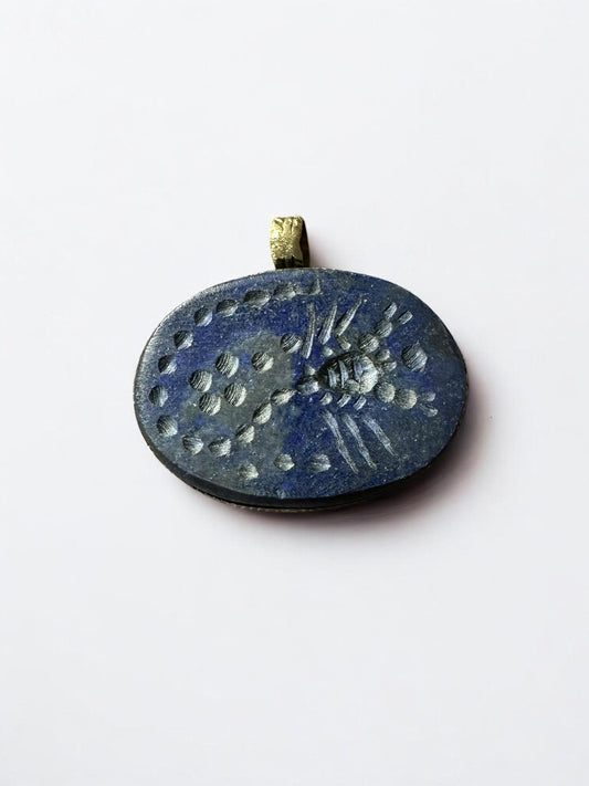 Antique Lapis Lazuli Intaglio Pendant  Scorpion Seal Amulet, Sassanian Persian Style, Hand-Carved Lapis Jewelry