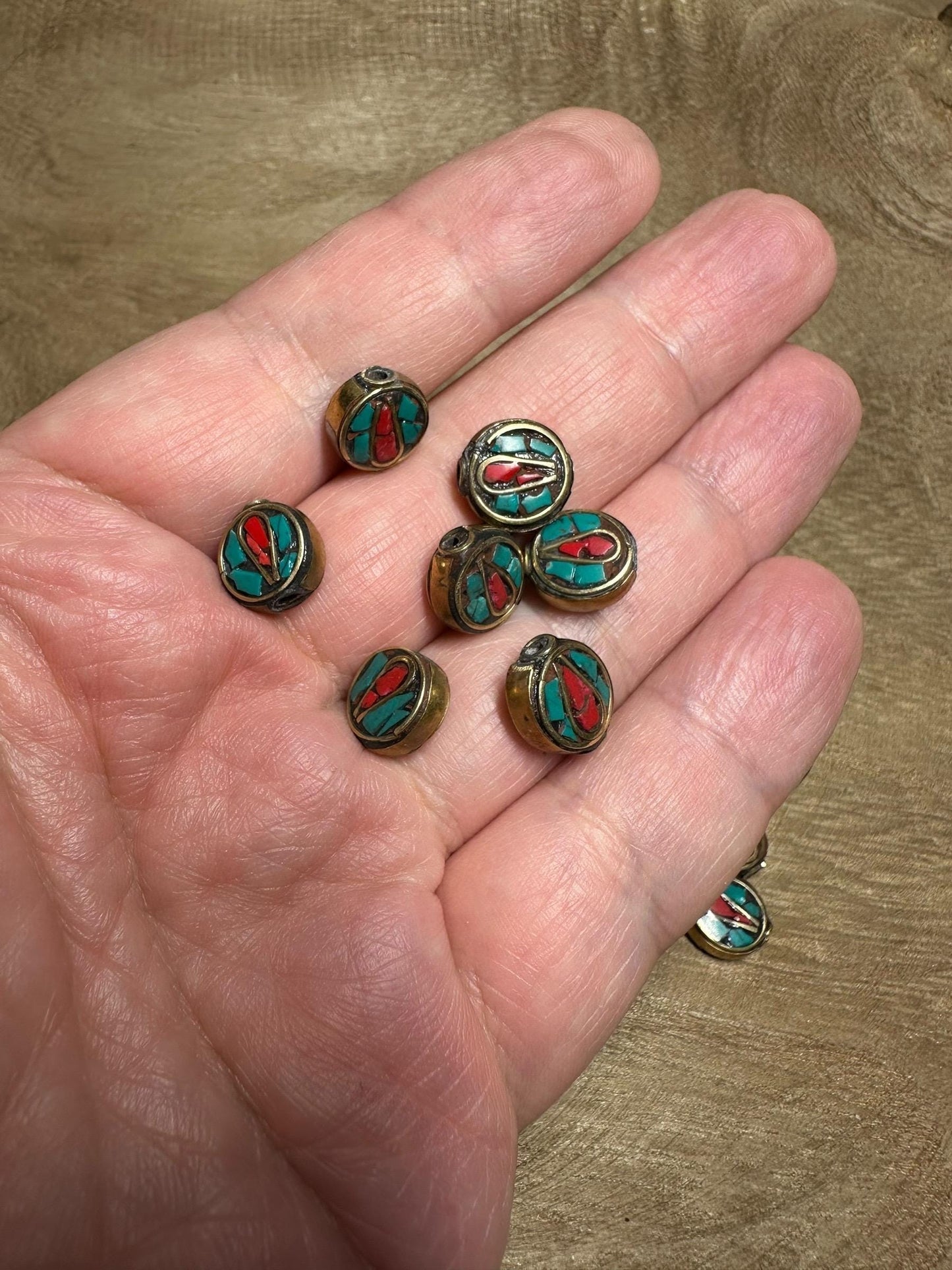 Coral, Turquoise & Brass Inlay Bead, Tribal Focal Piece From Nepal for Jewellery making