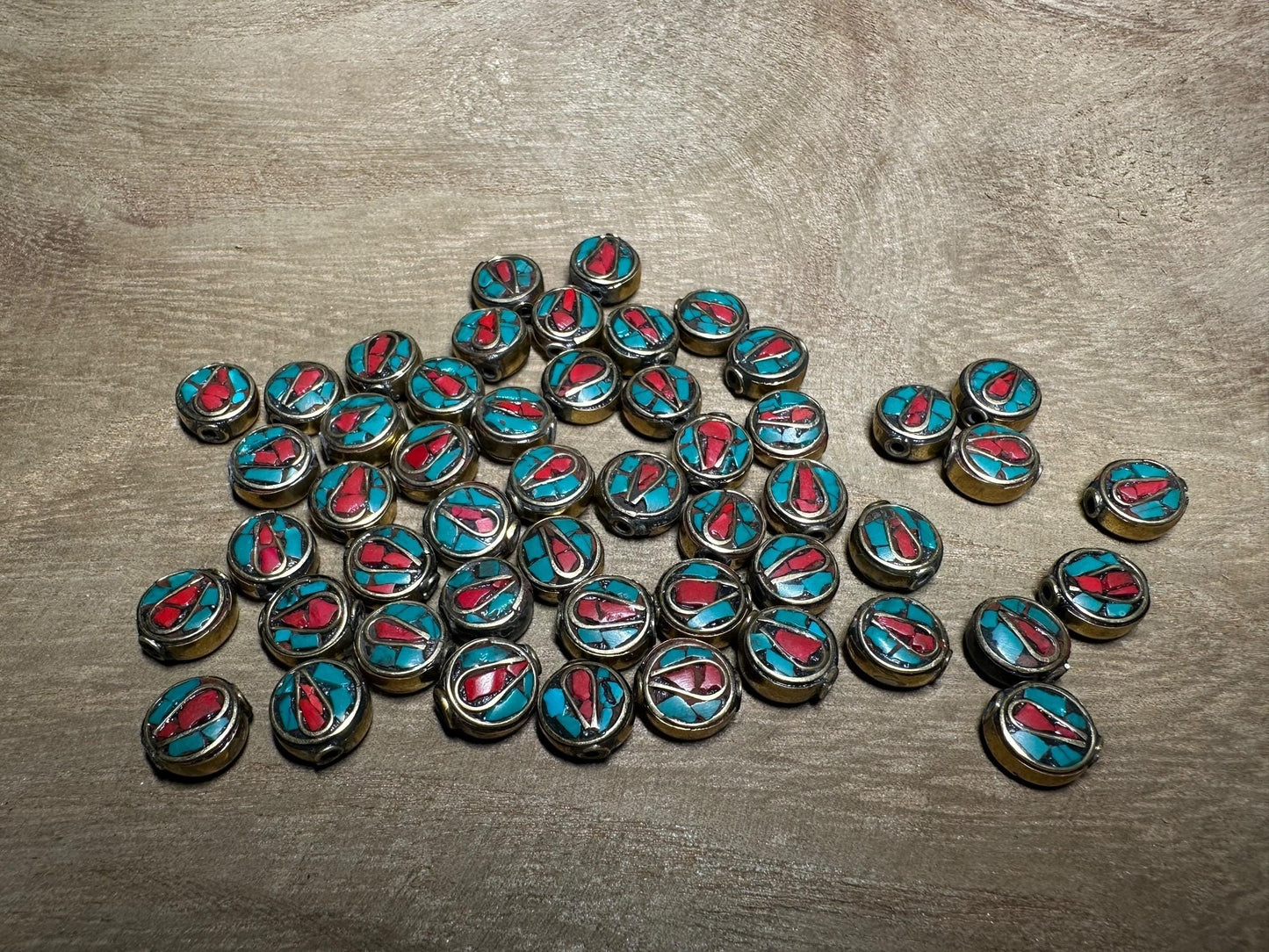 Coral, Turquoise & Brass Inlay Bead, Tribal Focal Piece From Nepal for Jewellery making