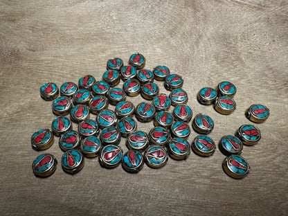 Coral, Turquoise & Brass Inlay Bead, Tribal Focal Piece From Nepal for Jewellery making