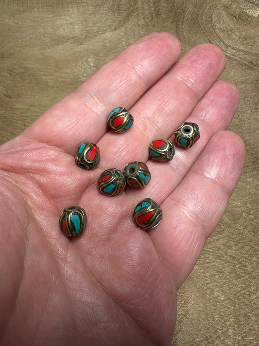 Nepal Beads, Turquoise Coral Inlaid With brass for Jewellery making