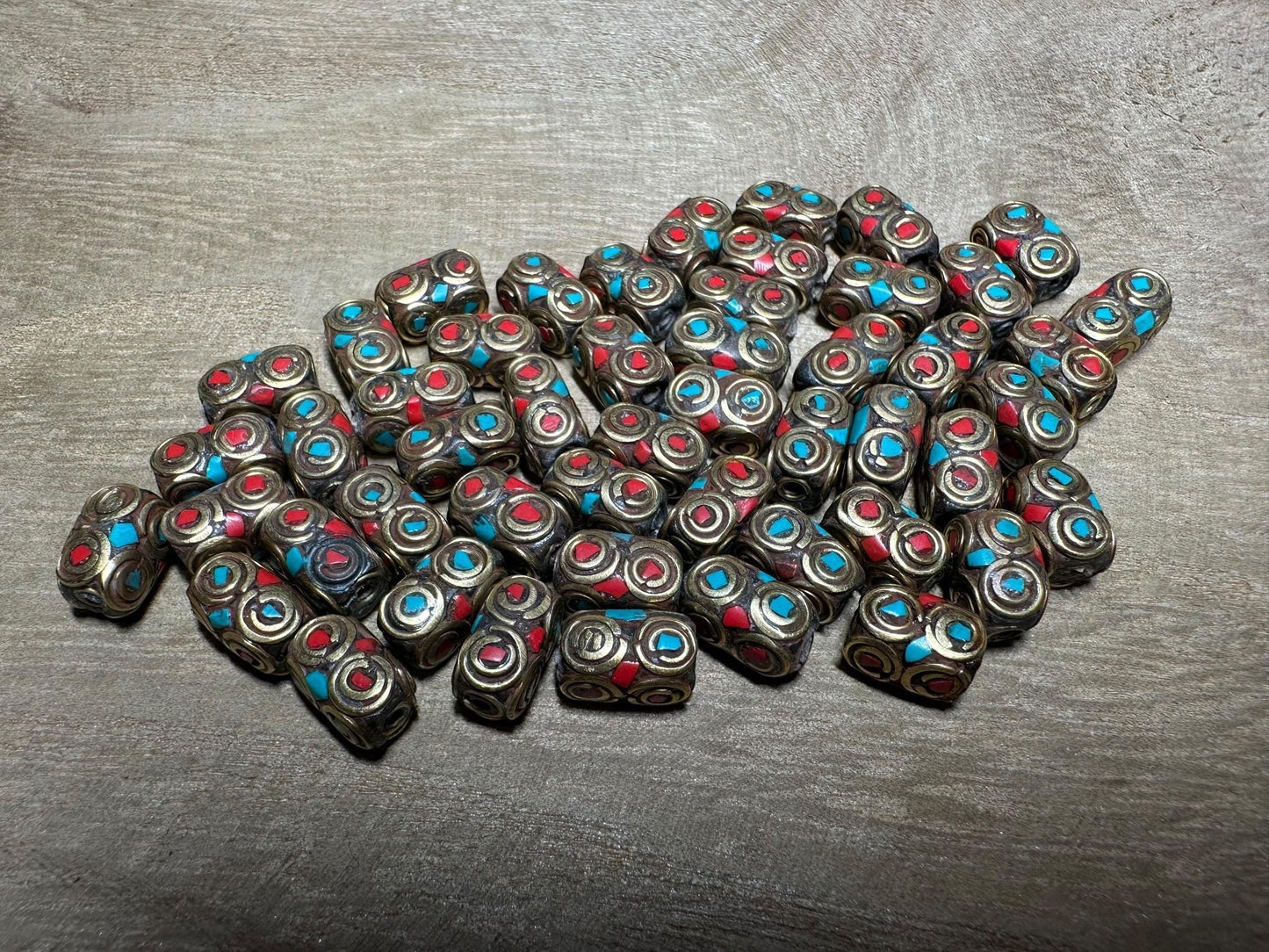 Tibetan beads handmade turquoise inlay beads round brass Nepali for Jewellery making