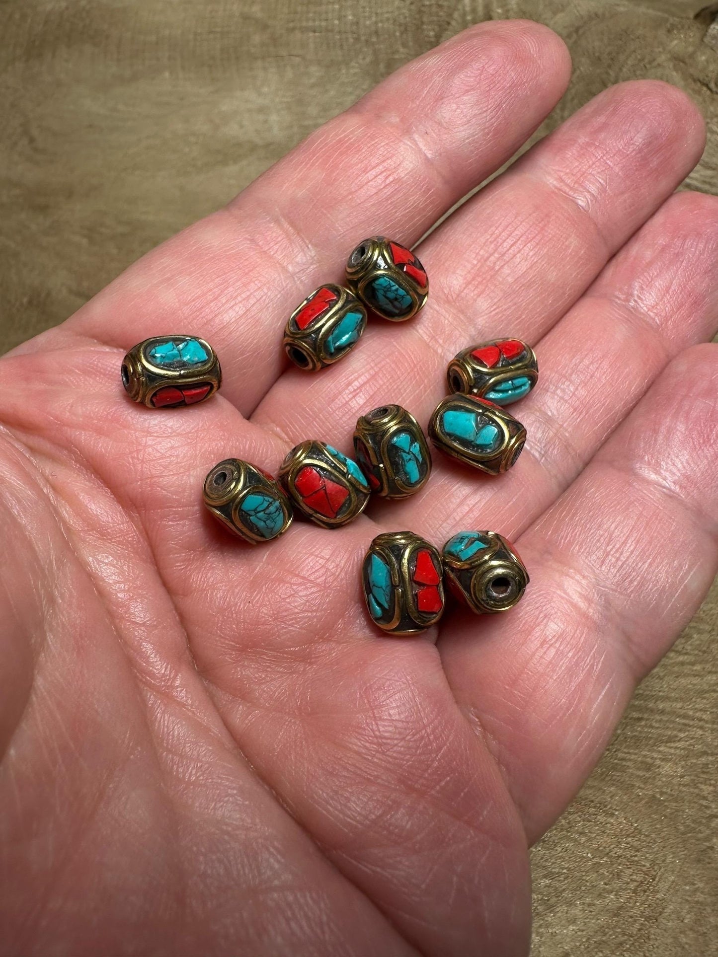 Tibetan beads handmade turquoise inlay beads round brass Nepali for Jewellery making,5 pieces