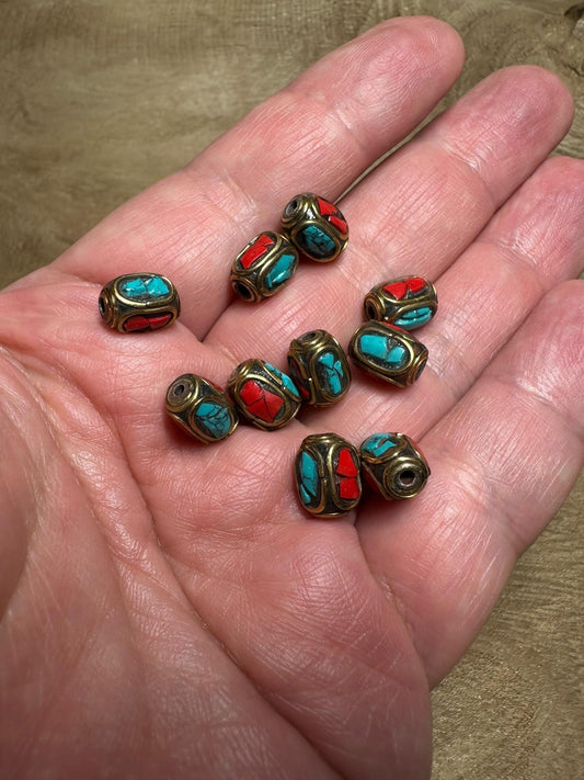 Tibetan beads handmade turquoise inlay beads round brass Nepali for Jewellery making,5 pieces