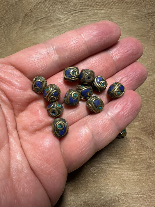 Tibetan Tribal Lapis and Turquoise Inlaid Beads, Nepal Beads Handcrafted for Jewellery making