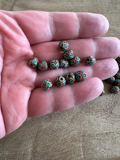 Turquoise Coral Brass Nepal Beads: Tribal Jewelry Making (7mm)