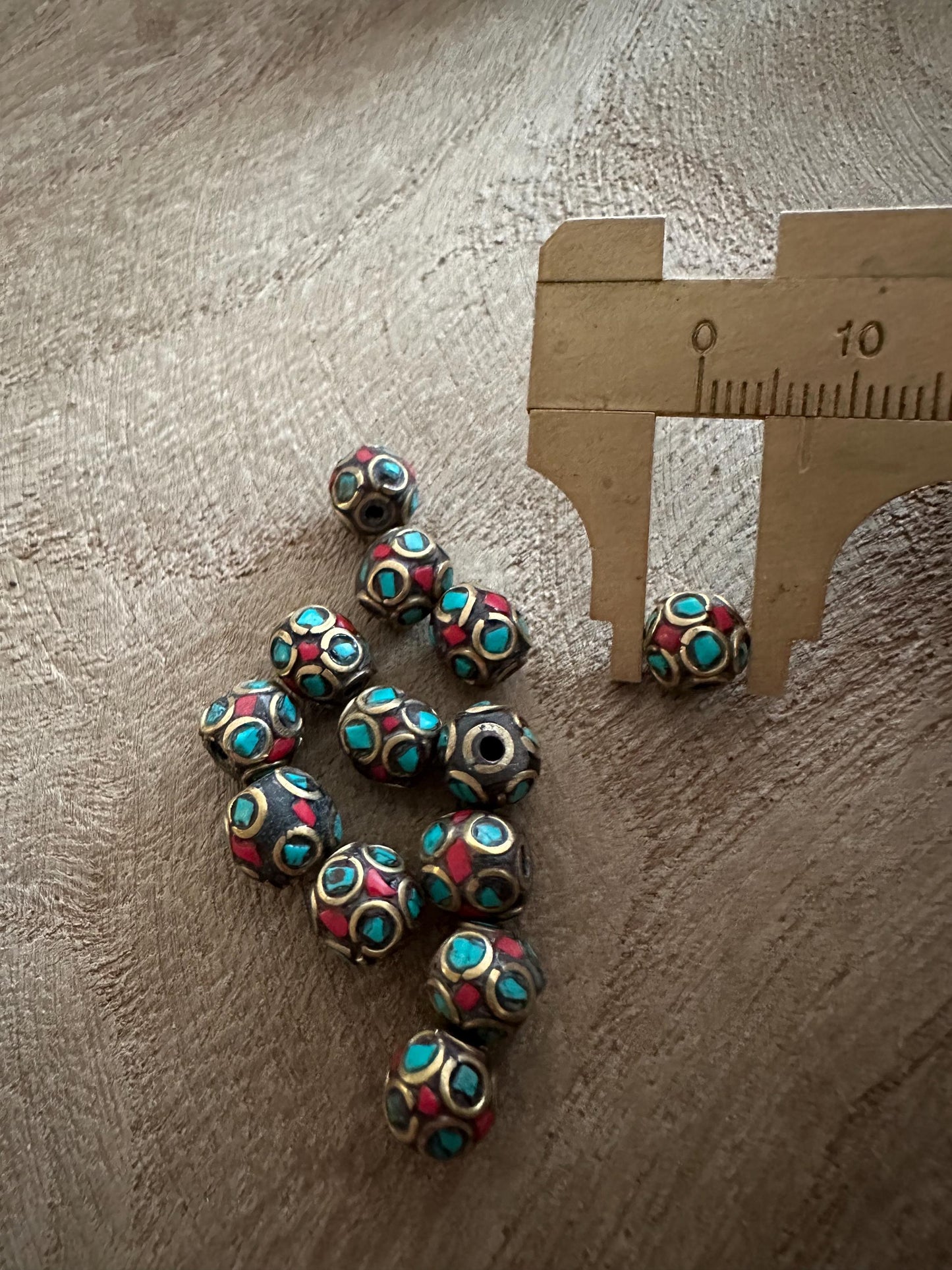 Turquoise Coral Brass Nepal Beads: Tribal Jewelry Making (7mm)