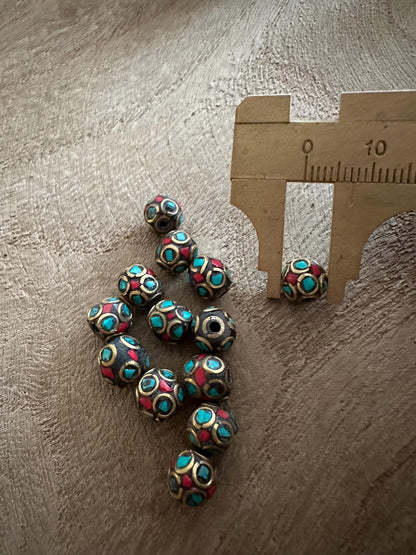 Turquoise Coral Brass Nepal Beads: Tribal Jewelry Making (7mm)