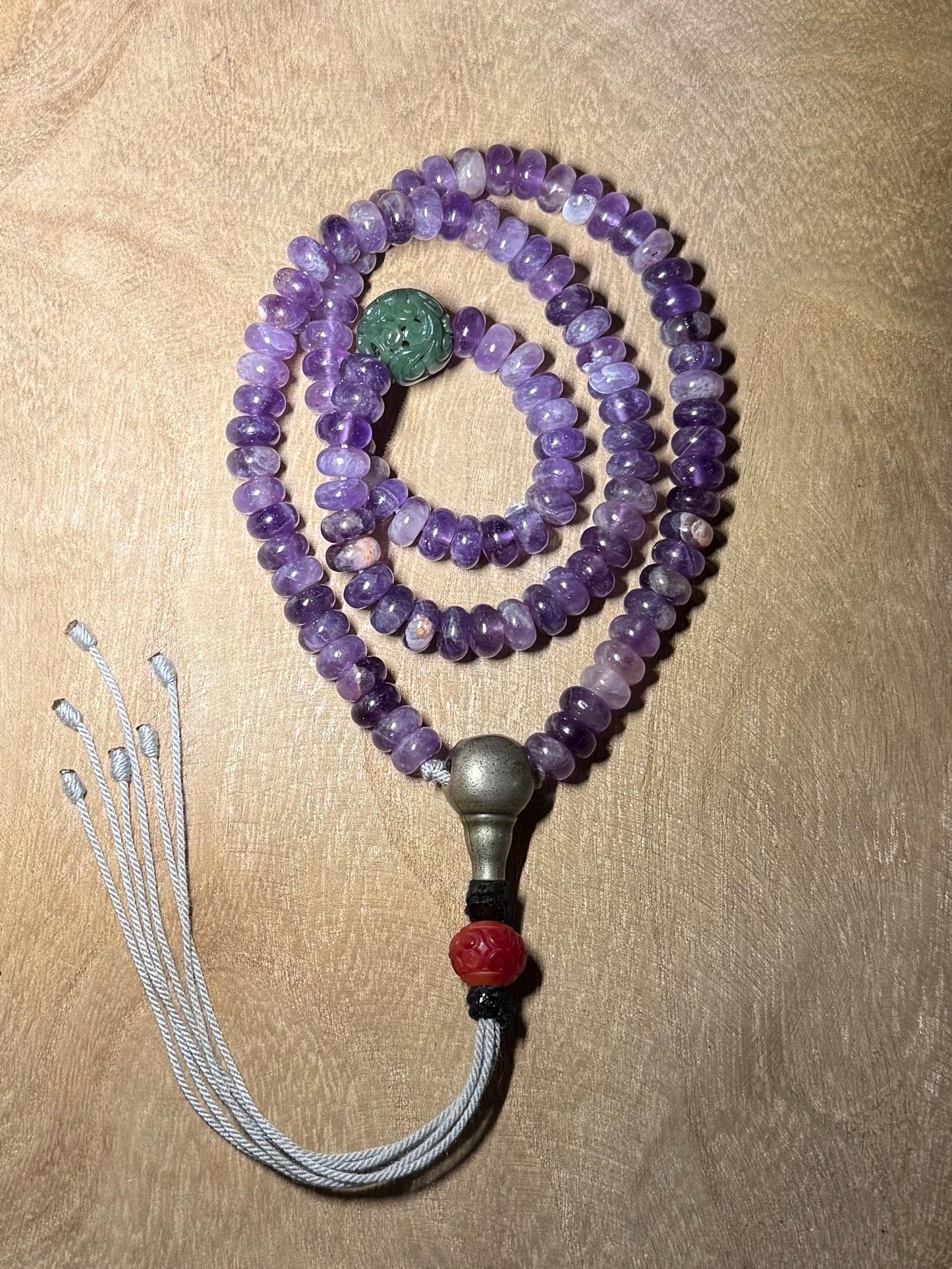 Nepal Tibetan Amethyst Mala with Vintage Hand-Carved Green Jade Bead