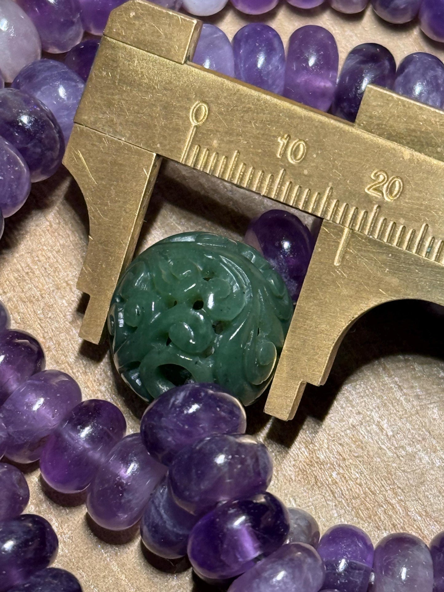 Nepal Tibetan Amethyst Mala with Vintage Hand-Carved Green Jade Bead