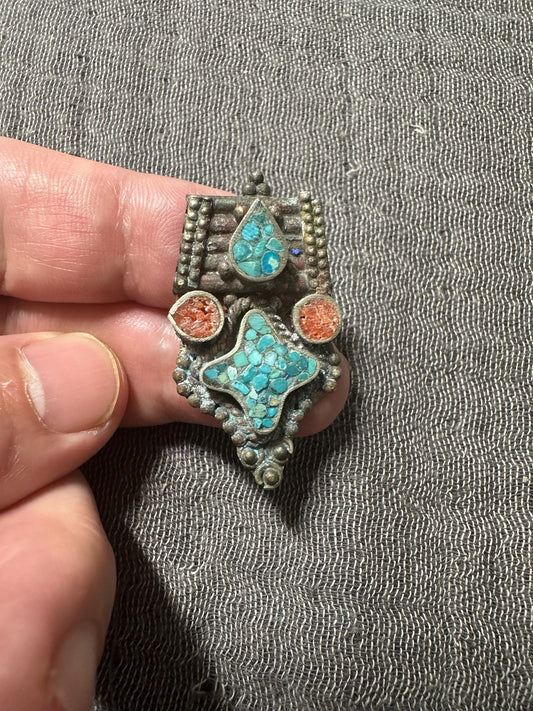 Handcrafted Ethnic Pendant with Turquoise and Red Coral Inlay | Unique DIY Jewelry