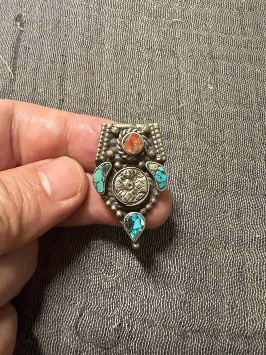 Himalayan Pendant with Coral and Turquoise Inlay | Rustic Bohemian Jewelry Supply