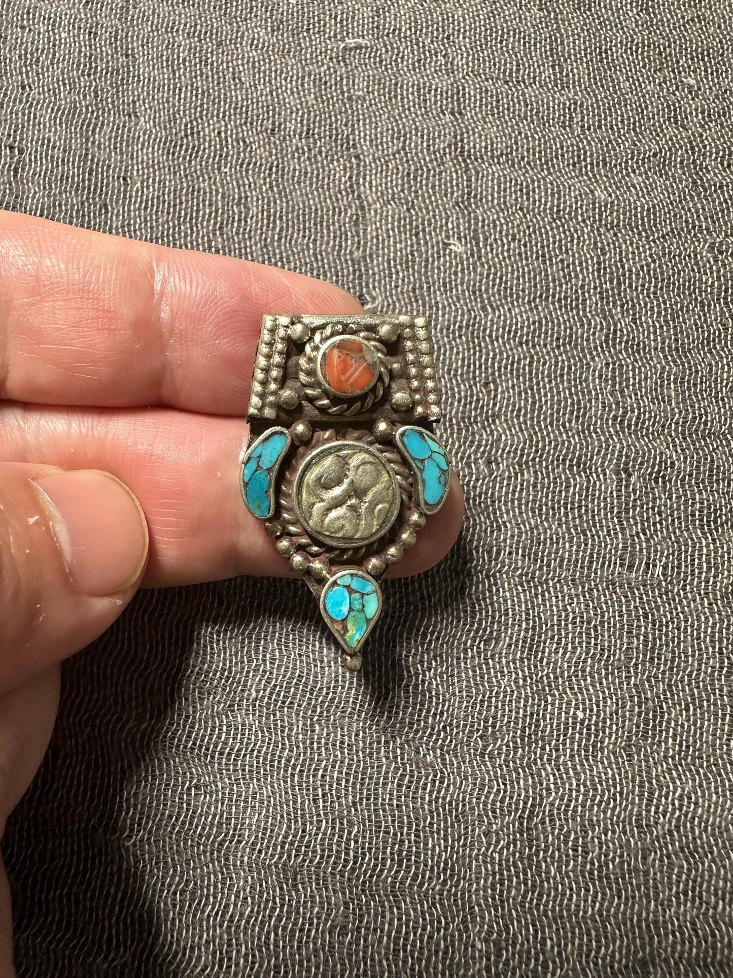 Himalayan White Metal Pendant with Turquoise and Coral Inlay | Tribal Ethnic Jewelry Component