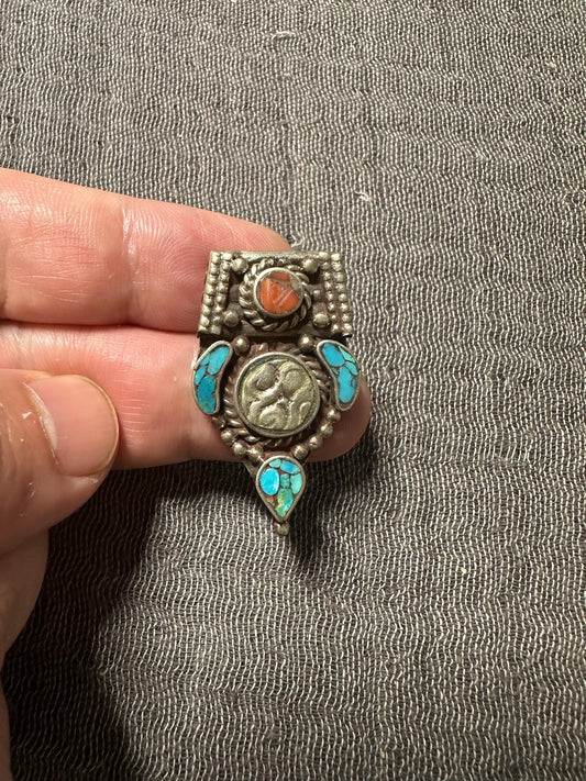 Himalayan White Metal Pendant with Turquoise and Coral Inlay | Tribal Ethnic Jewelry Component