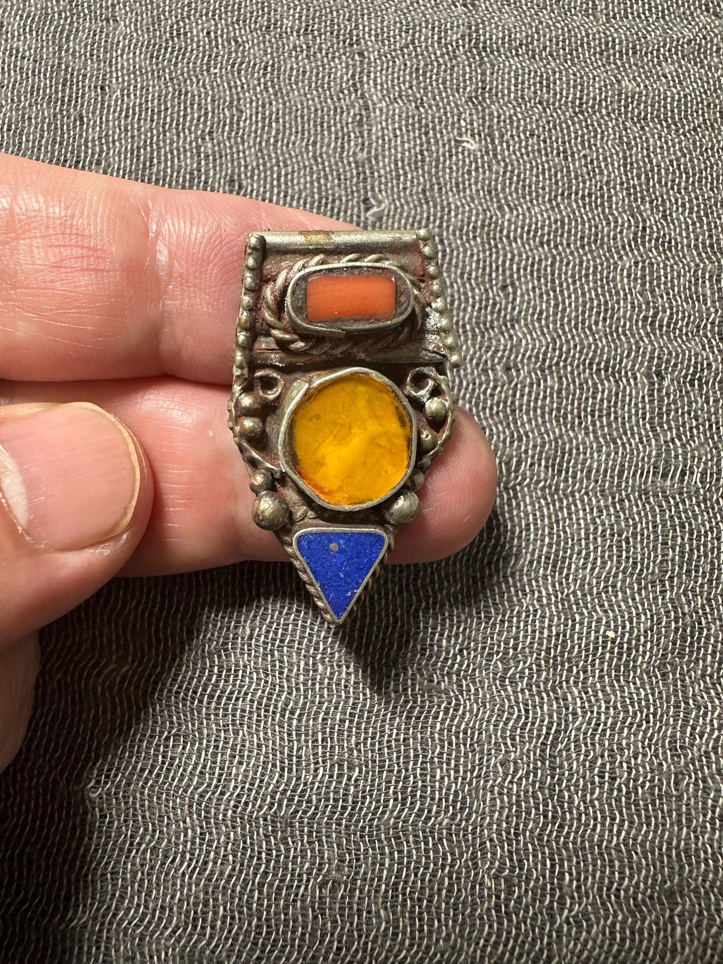 Himalayan White Metal Pendant with Turquoise and Coral Inlay | Tribal Ethnic Jewelry Component