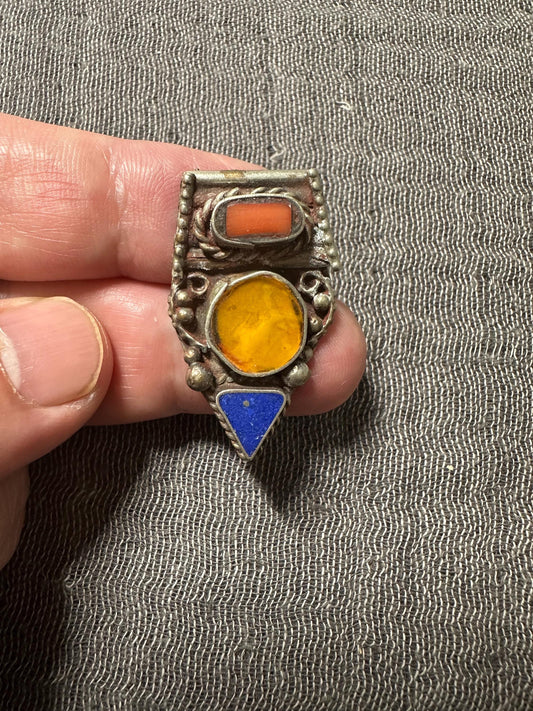 Himalayan White Metal Pendant with Turquoise and Coral Inlay | Tribal Ethnic Jewelry Component