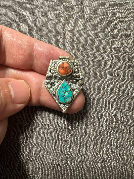 Vintage Look Himalayan Pendant with Turquoise Inlay | Tribal Jewelry Accent