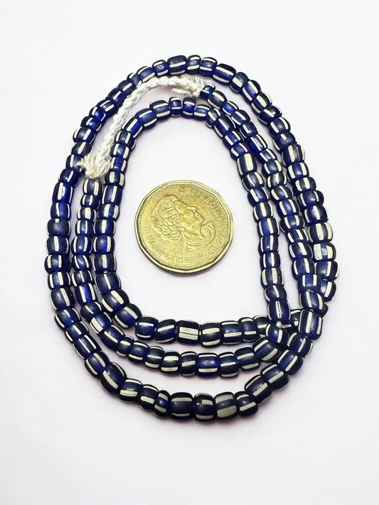 Striped Java Glass Beads  Navy Blue and White Handmade Beads  Jewelry Making Supplies