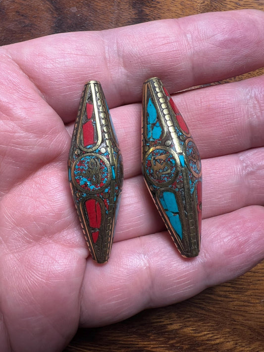 Nepal Brass Inlay Beads: Turquoise & Coral Style, Tribal Jewelry (2 Pieces)