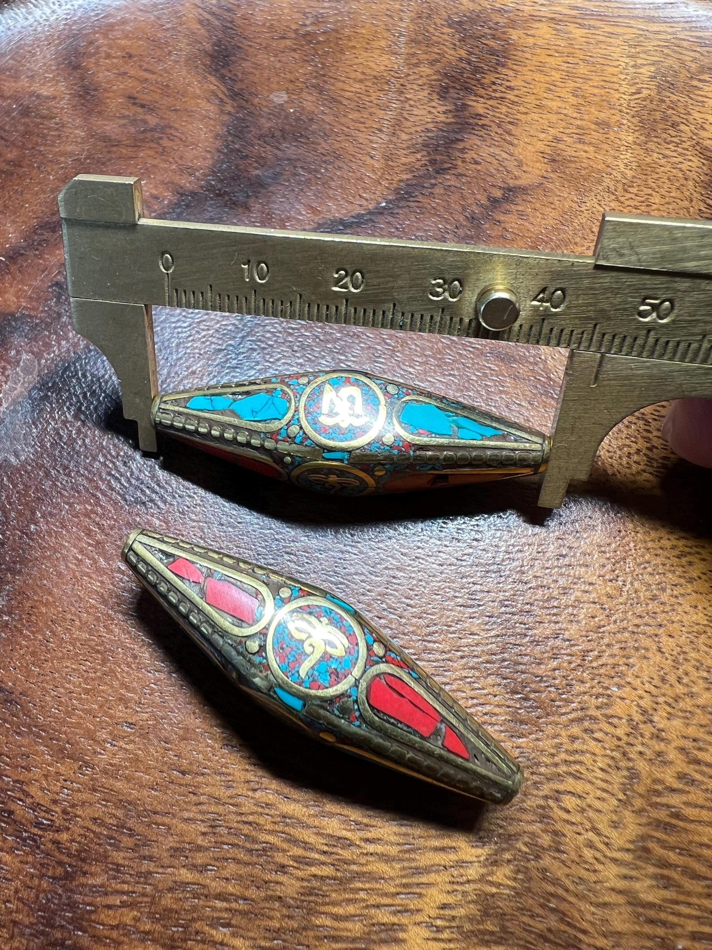 Nepal Brass Inlay Beads: Turquoise & Coral Style, Tribal Jewelry (2 Pieces)