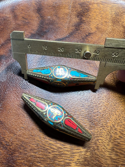 Nepal Brass Inlay Beads: Turquoise & Coral Style, Tribal Jewelry (2 Pieces)