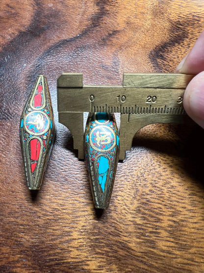 Nepal Brass Inlay Beads: Turquoise & Coral Style, Tribal Jewelry (2 Pieces)