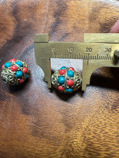 Nepal Tribal Brass Beads: Turquoise & Coral Inlay, Boho Jewelry (Set of 2)