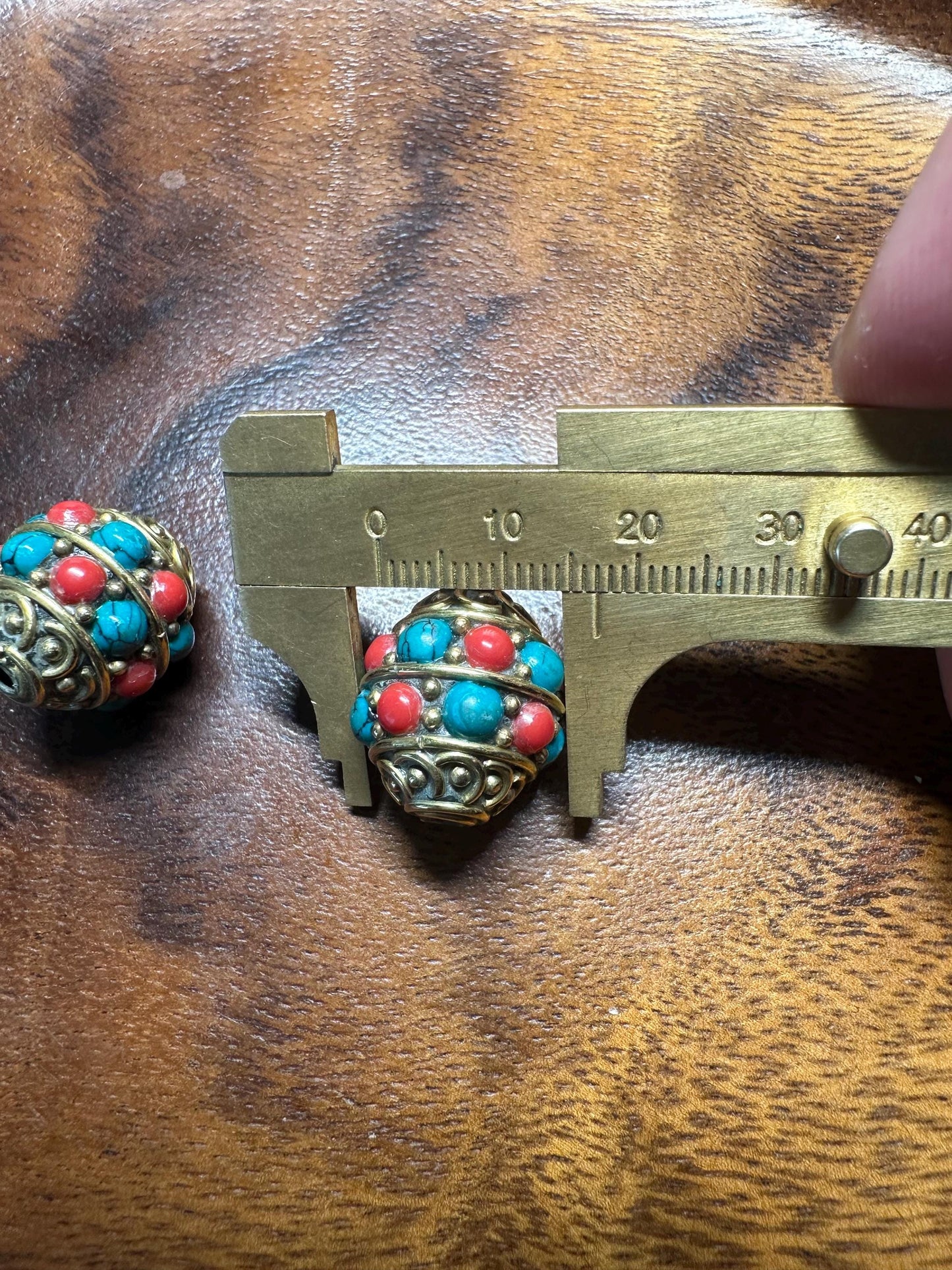 Nepal Tribal Brass Beads: Turquoise & Coral Inlay, Boho Jewelry (Set of 2)