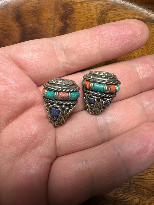 Vintage-Style Nepal Inlay Beads  Brass with Red Coral and Turquoise  Jewelry Supplies