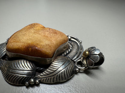 Vintage Raw Amber Pendant: Tibetan Silver Amulet, Nepal Tribal Jewelry