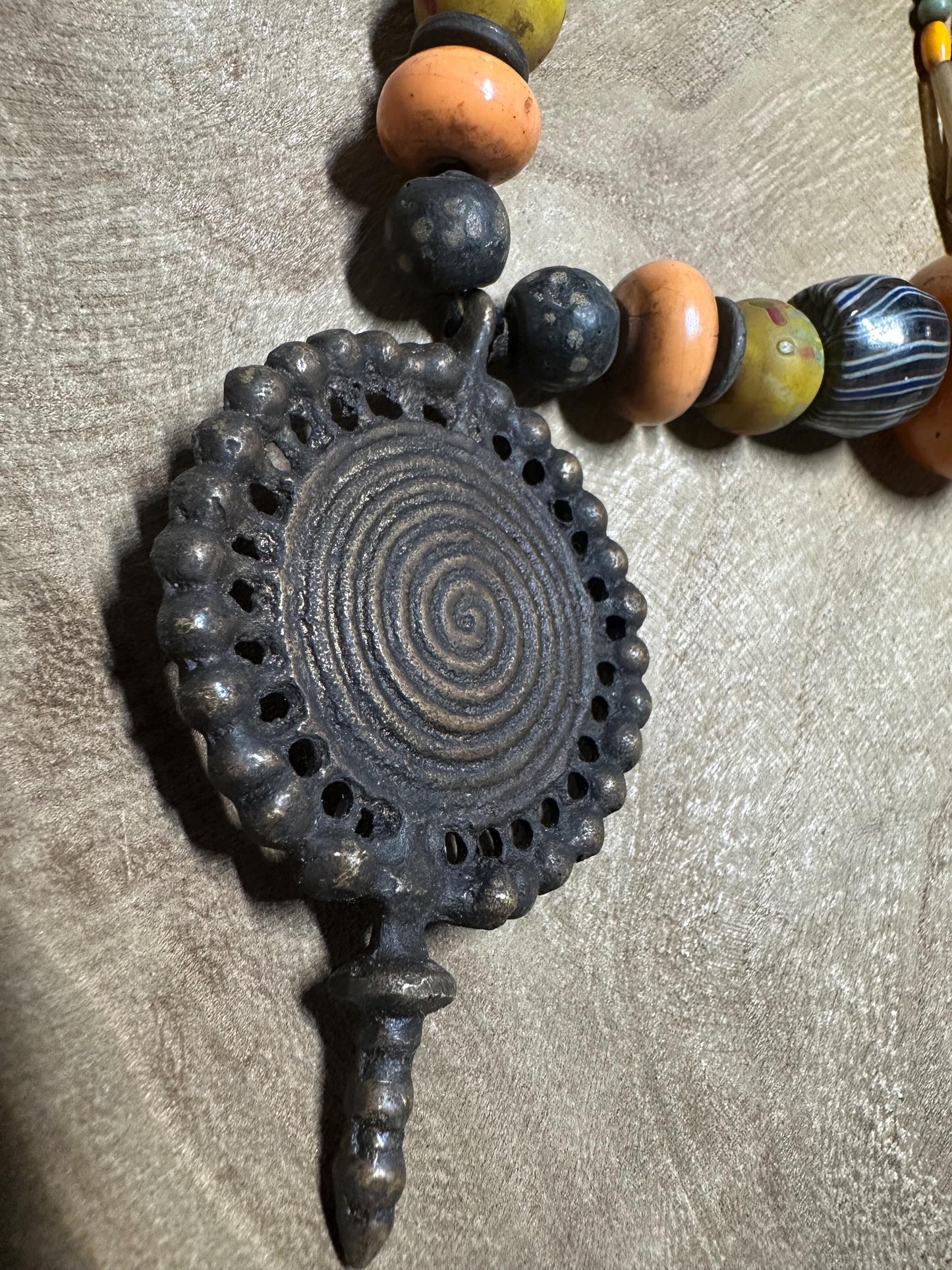Tribal Necklace: Brass Spiral Pendant, Vintage Amber Beads, Nepalese Jewelry