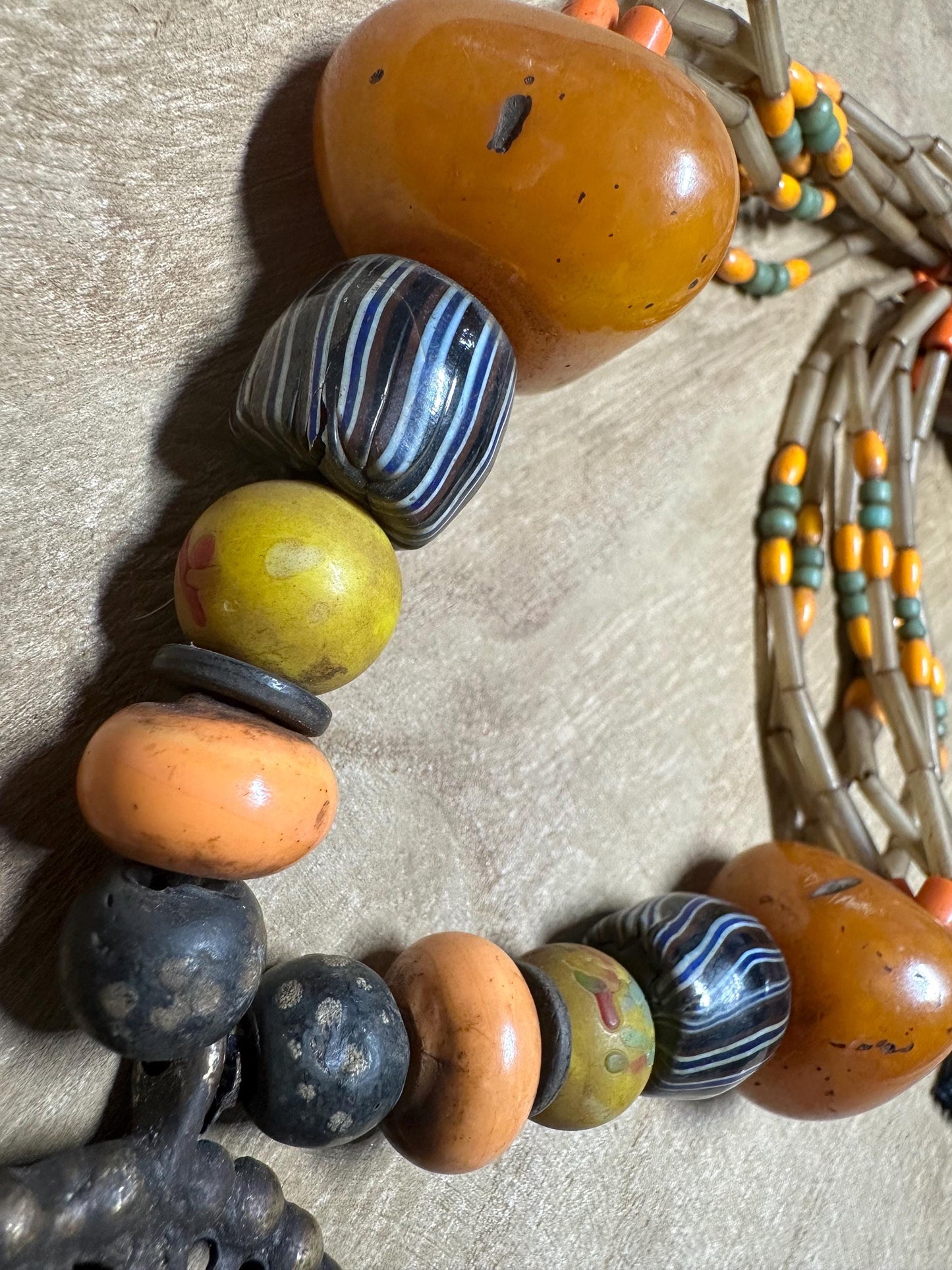 Tribal Necklace: Brass Spiral Pendant, Vintage Amber Beads, Nepalese Jewelry