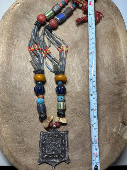 Handmade Nepal Tribal Necklace: Amulet Pendant, Vintage Beads