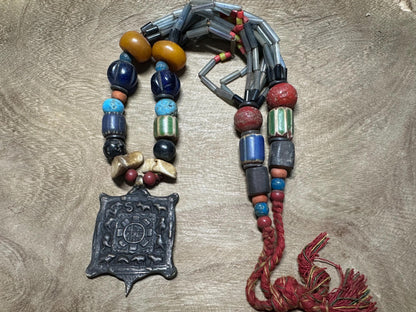 Handmade Nepal Tribal Necklace: Amulet Pendant, Vintage Beads